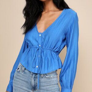 Lulus Cute Composure Cobalt Blue Textured Tie-front Long Sleeve Top - Size M